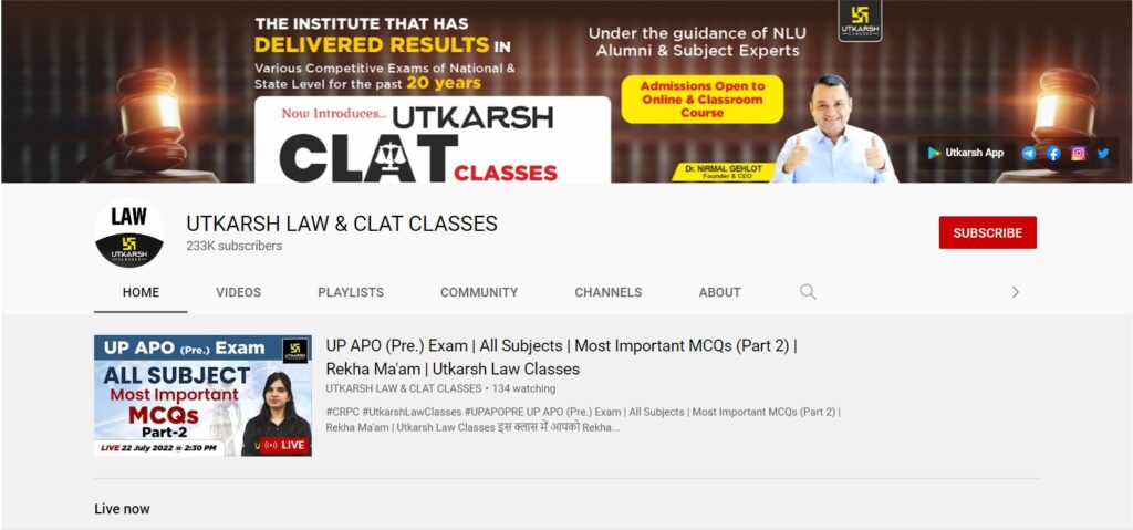Utkarsh Law & CLAT Classes youtube channel