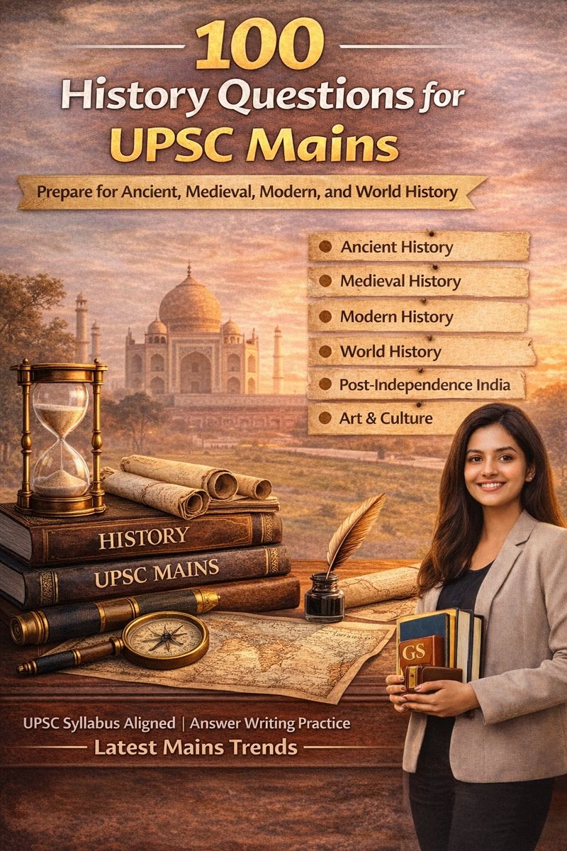 History questions for UPSC Mains with syllabus aligned study focusPSC Mains History questions infographic covering ancient, medieval, and modern history 100 History Questions for UPSC Mains